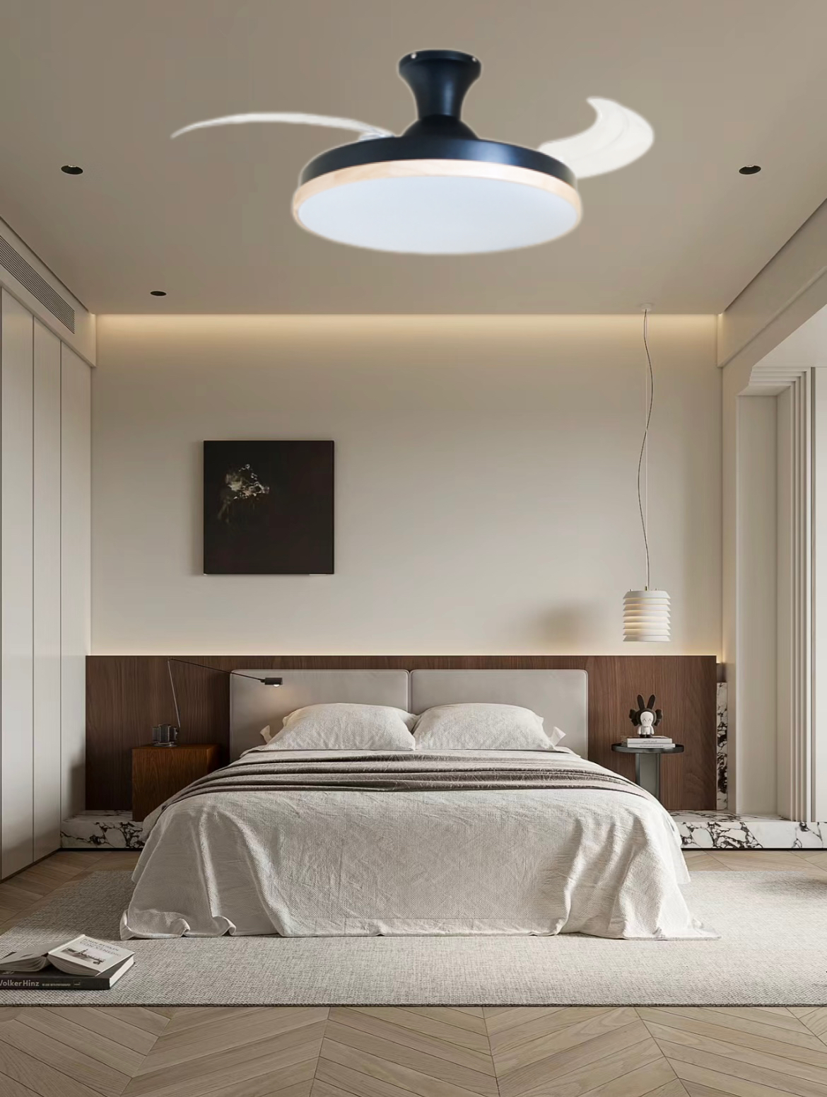 ventiladores de techo en dormitorio con luces y control remoto